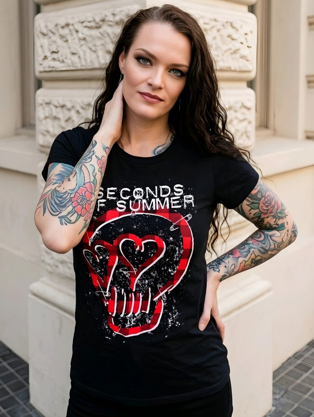 5 Seconds of Summer ✦ Plaid Skull Band Tee ✦ Black Red Crewneck Cotton Fandom XS